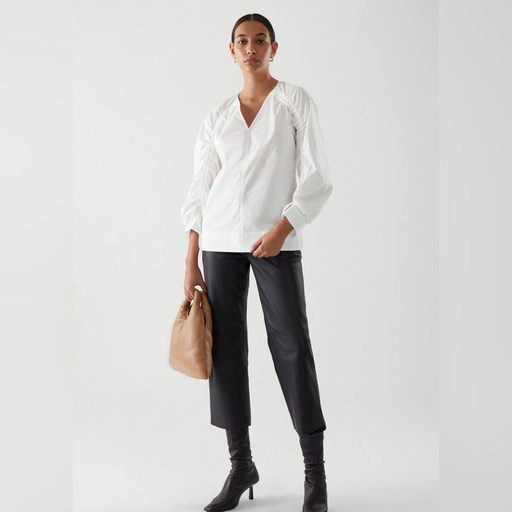 COS Drawstring Sleeve V-Neck Top in White S